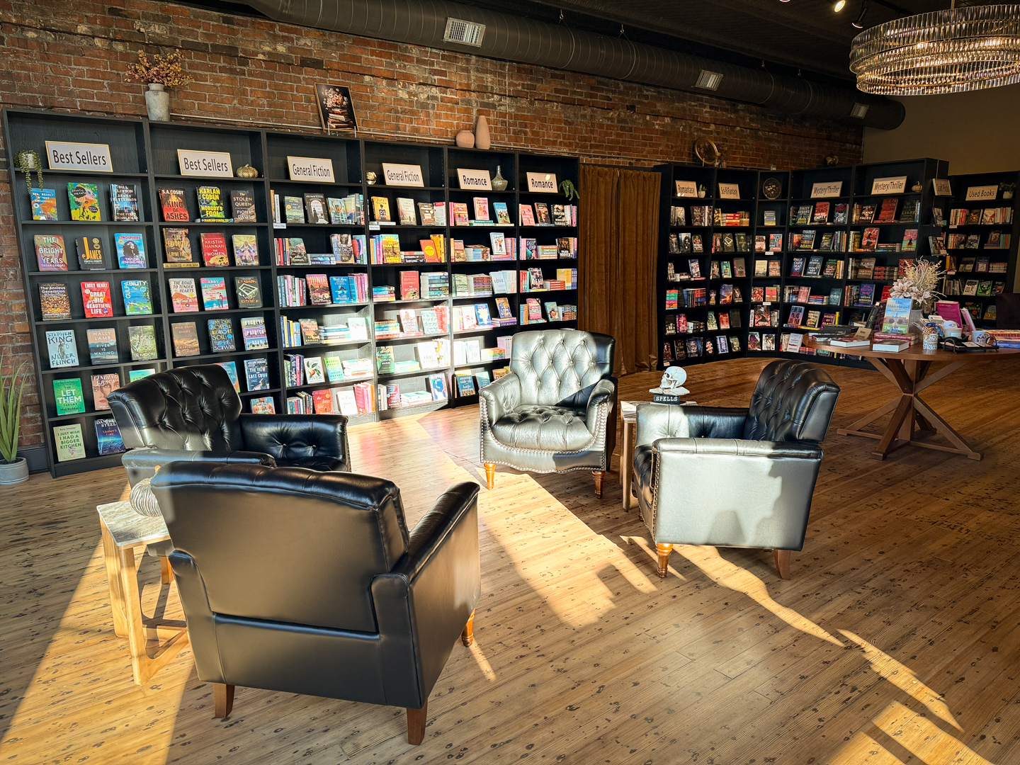 Wall of books organized by section